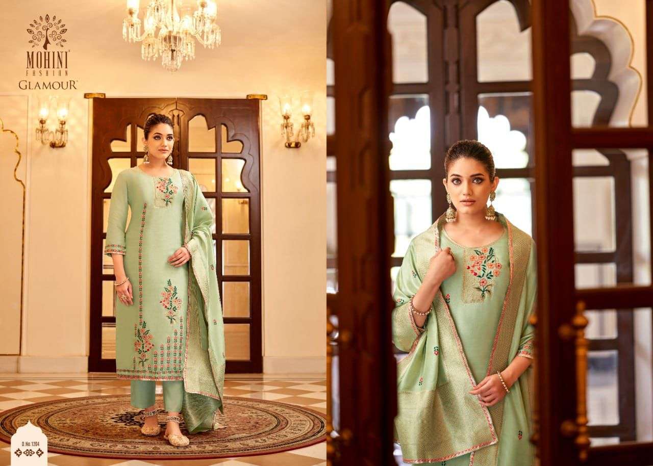 GLAMOUR VOL-112 BY MOHINI FASHION 1201 TO 1206 SERIES DESIGNER FESTIVE SUITS COLLECTION BEAUTIFUL STYLISH FANCY COLORFUL PARTY WEAR & OCCASIONAL WEAR PURE VISCOSE DOLA JACQUARD DRESSES AT WHOLESALE PRICE