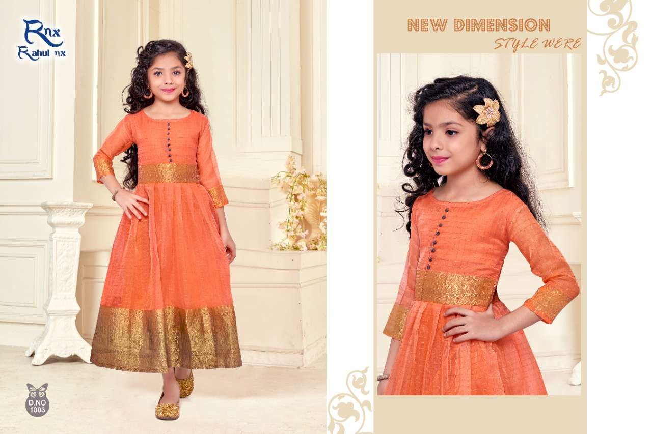 KIDSWEAR VOL-2 BY RAHUL NX 1001 TO 1006 SERIES BEAUTIFUL BEAUTIFUL STYLISH FANCY COLORFUL CASUAL WEAR & ETHNIC WEAR READY TO WEAR ORGANZA JACQUARD GOWNS AT WHOLESALE PRICE
