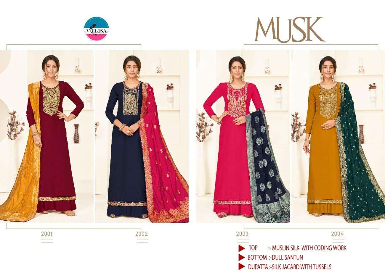 MUSK BY VELISA 2001 TO 2004 SERIES BEAUTIFUL SUITS COLORFUL STYLISH FANCY CASUAL WEAR & ETHNIC WEAR PURE MUSLIN SILK DRESSES AT WHOLESALE PRICE