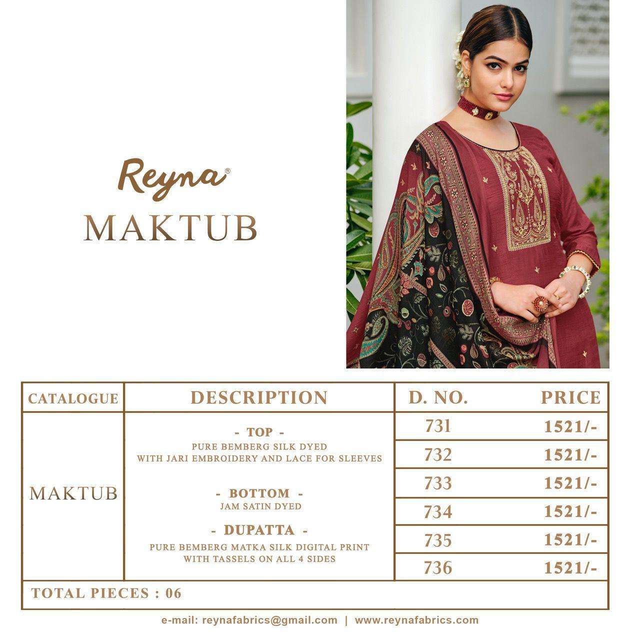 MAKTUB BY REYNA 731 TO 738 SERIES BEAUTIFUL SUITS COLORFUL STYLISH FANCY CASUAL WEAR & ETHNIC WEAR PURE BEMBERG SILK DRESSES AT WHOLESALE PRICE