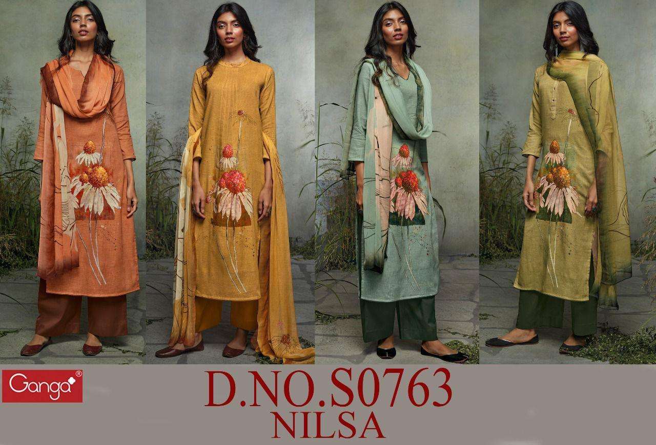 NILSA-763 BY GANGA FASHION 763-A TO 763-D SERIES BEAUTIFUL SUITS COLORFUL STYLISH FANCY CASUAL WEAR & ETHNIC WEAR PREMIUM COTTON LINEN DRESSES AT WHOLESALE PRICE