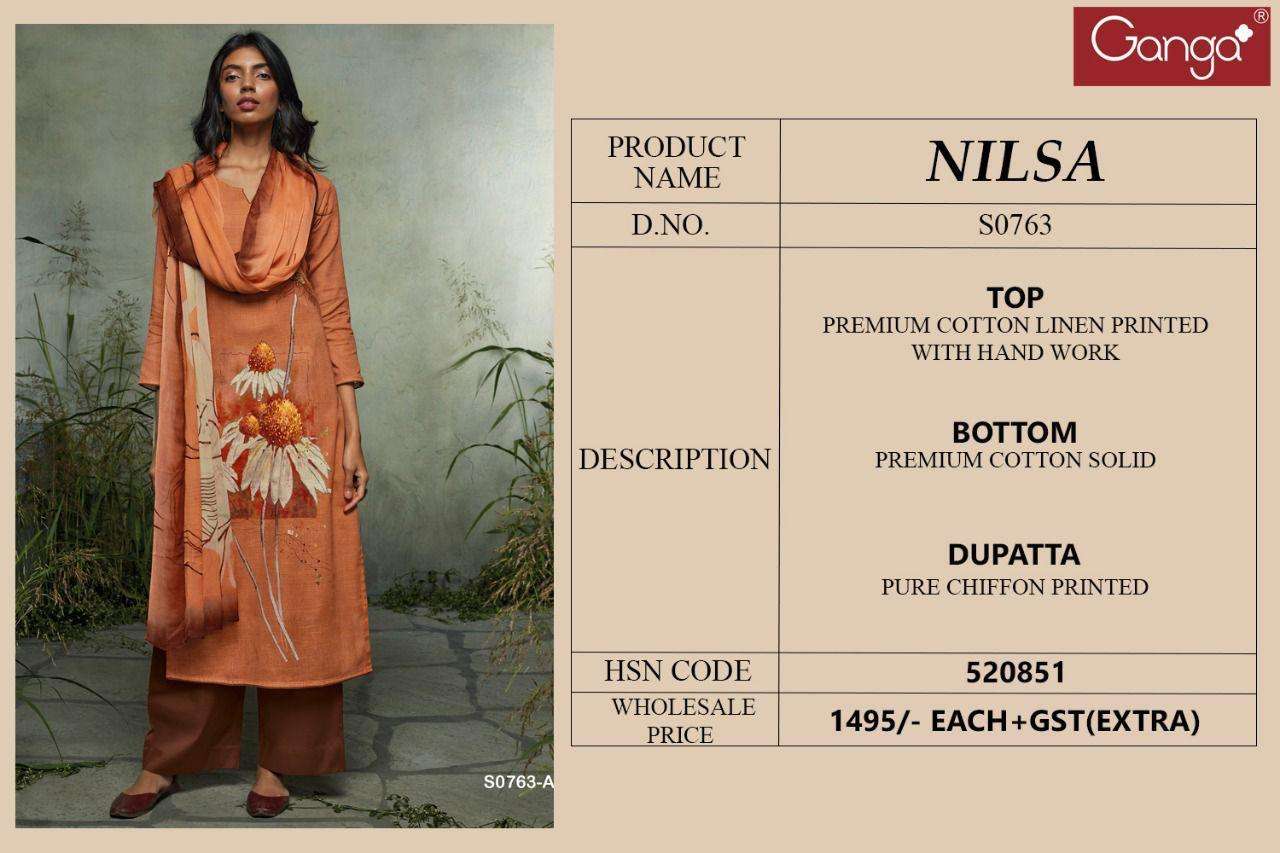 NILSA-763 BY GANGA FASHION 763-A TO 763-D SERIES BEAUTIFUL SUITS COLORFUL STYLISH FANCY CASUAL WEAR & ETHNIC WEAR PREMIUM COTTON LINEN DRESSES AT WHOLESALE PRICE