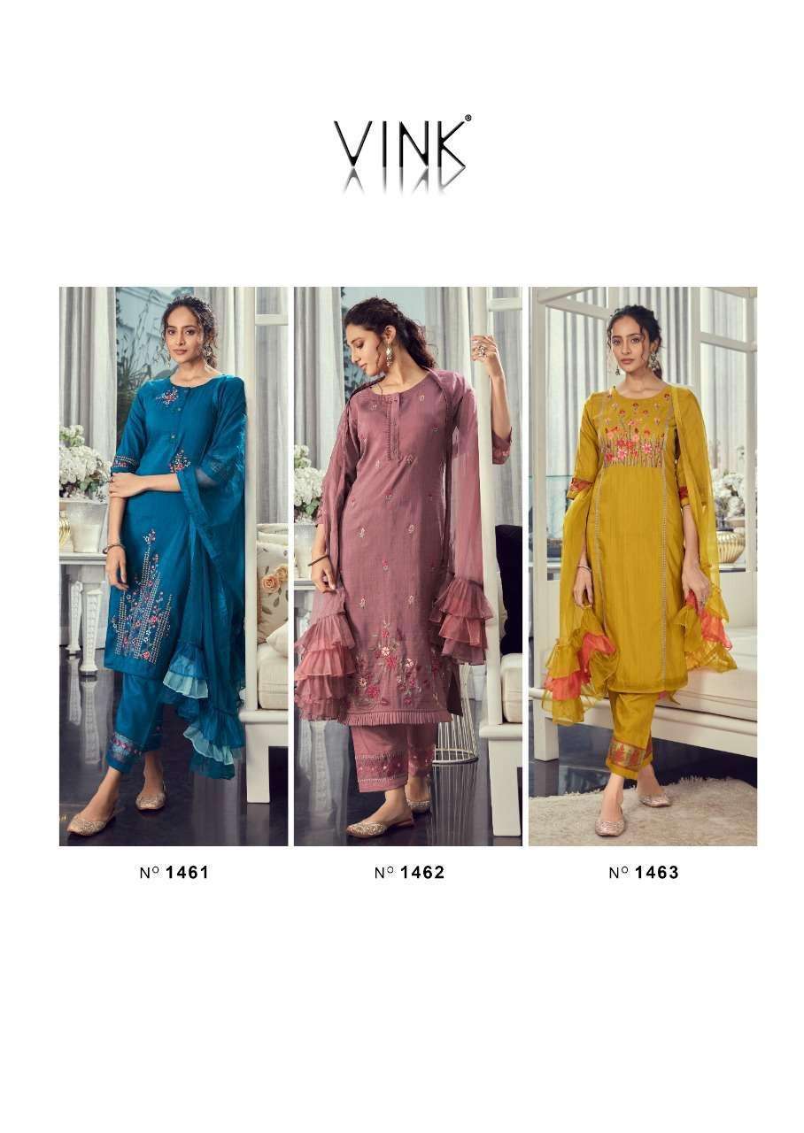 RUFFLES VOL-2 BY VINK 1461 TO 1466 SERIES BEAUTIFUL SUITS COLORFUL STYLISH FANCY CASUAL WEAR & ETHNIC WEAR SILK DRESSES AT WHOLESALE PRICE