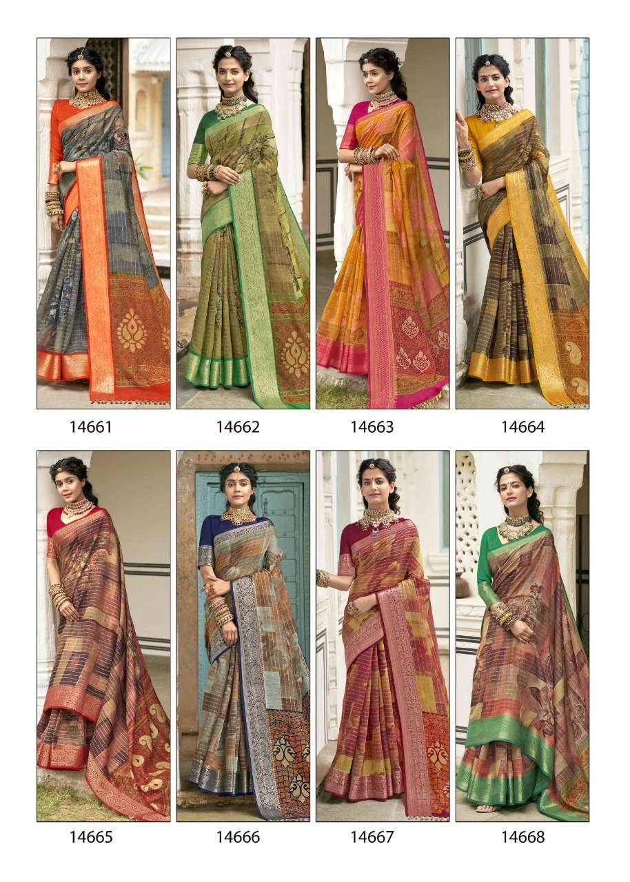 DWARIKA BY TRIVENI 14661 TO 14668 SERIES INDIAN TRADITIONAL WEAR COLLECTION BEAUTIFUL STYLISH FANCY COLORFUL PARTY WEAR & OCCASIONAL WEAR COTTON LINEN SAREES AT WHOLESALE PRICE