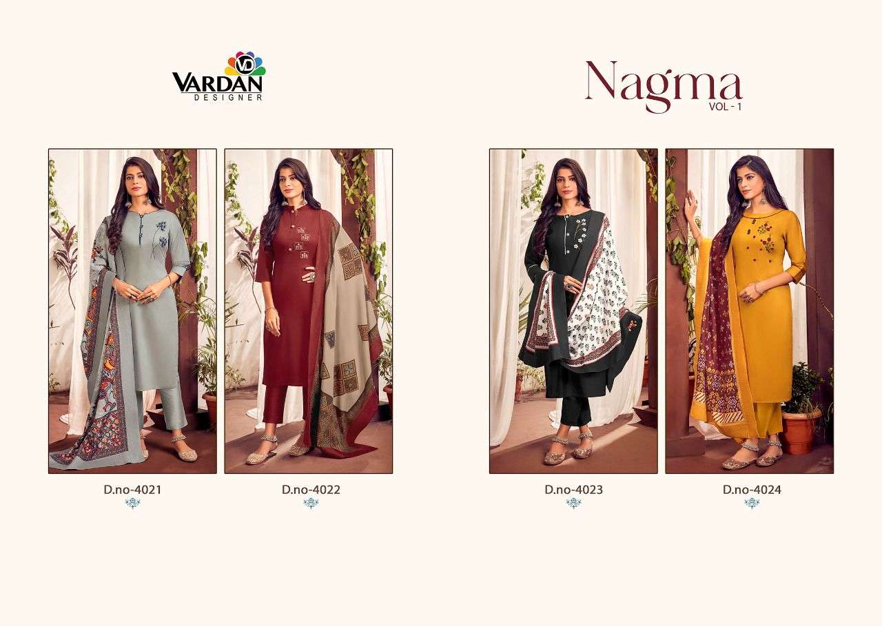Nagma Vol-1 By Vardan Designer 4021 To 4024 Series Beautiful Suits Colorful Stylish Fancy Casual Wear & Ethnic Wear Jam Cotton With Handwork Dresses At Wholesale Price