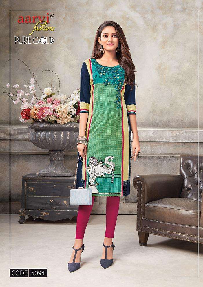 PURE GOLD VOL-5 BY AARVI FASHION DESIGNER STYLISH FANCY COLORFUL BEAUTIFUL PARTY WEAR & ETHNIC WEAR COLLECTION RAYON PRINT KURTIS AT WHOLESALE PRICE