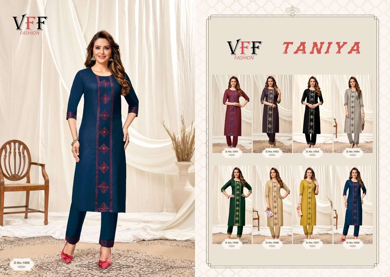 TANIYA BY VFF 1001 TO 1008 SERIES DESIGNER STYLISH FANCY COLORFUL BEAUTIFUL PARTY WEAR & ETHNIC WEAR COLLECTION COTTON EMBROIDERY KURTIS WITH BOTTOM AT WHOLESALE PRICE