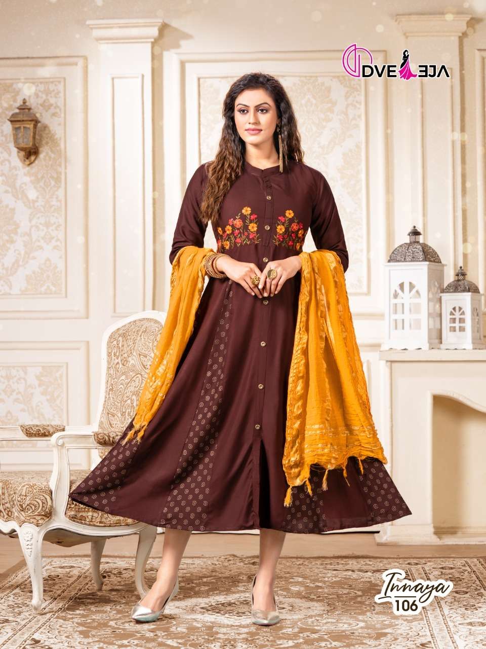 INNAYA BY DVEEJA 101 TO 108 SERIES BEAUTIFUL STYLISH FANCY COLORFUL CASUAL WEAR & ETHNIC WEAR HEAVY RAYON EMBROIDERED GOWNS WITH DUPATTA AT WHOLESALE PRICE