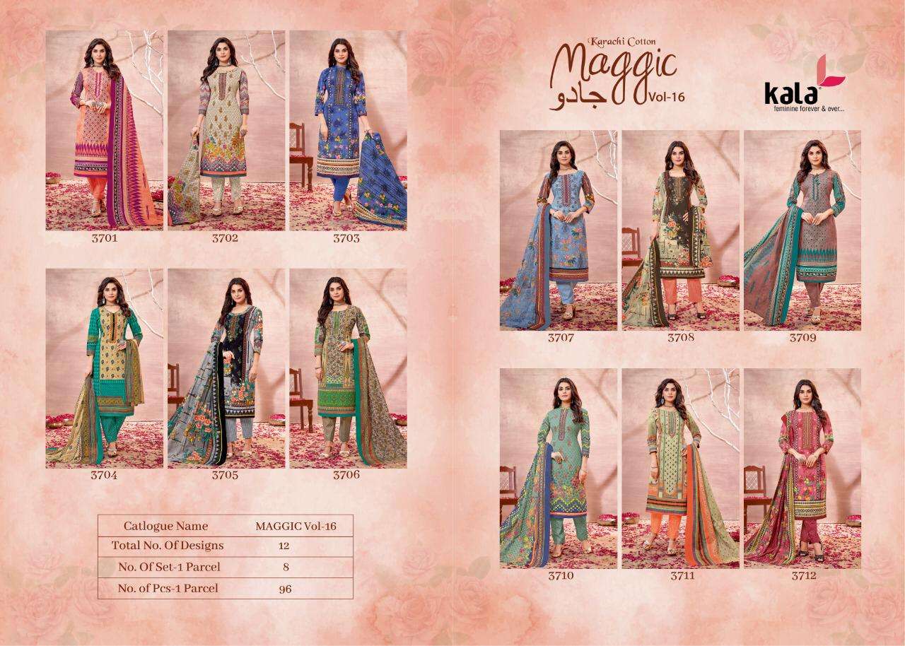 MAGGIC VOL-16 BY KALA 3701 TO 3712 SERIES BEAUTIFUL SUITS COLORFUL STYLISH FANCY CASUAL WEAR & ETHNIC WEAR PURE COTTON DRESSES AT WHOLESALE PRICE