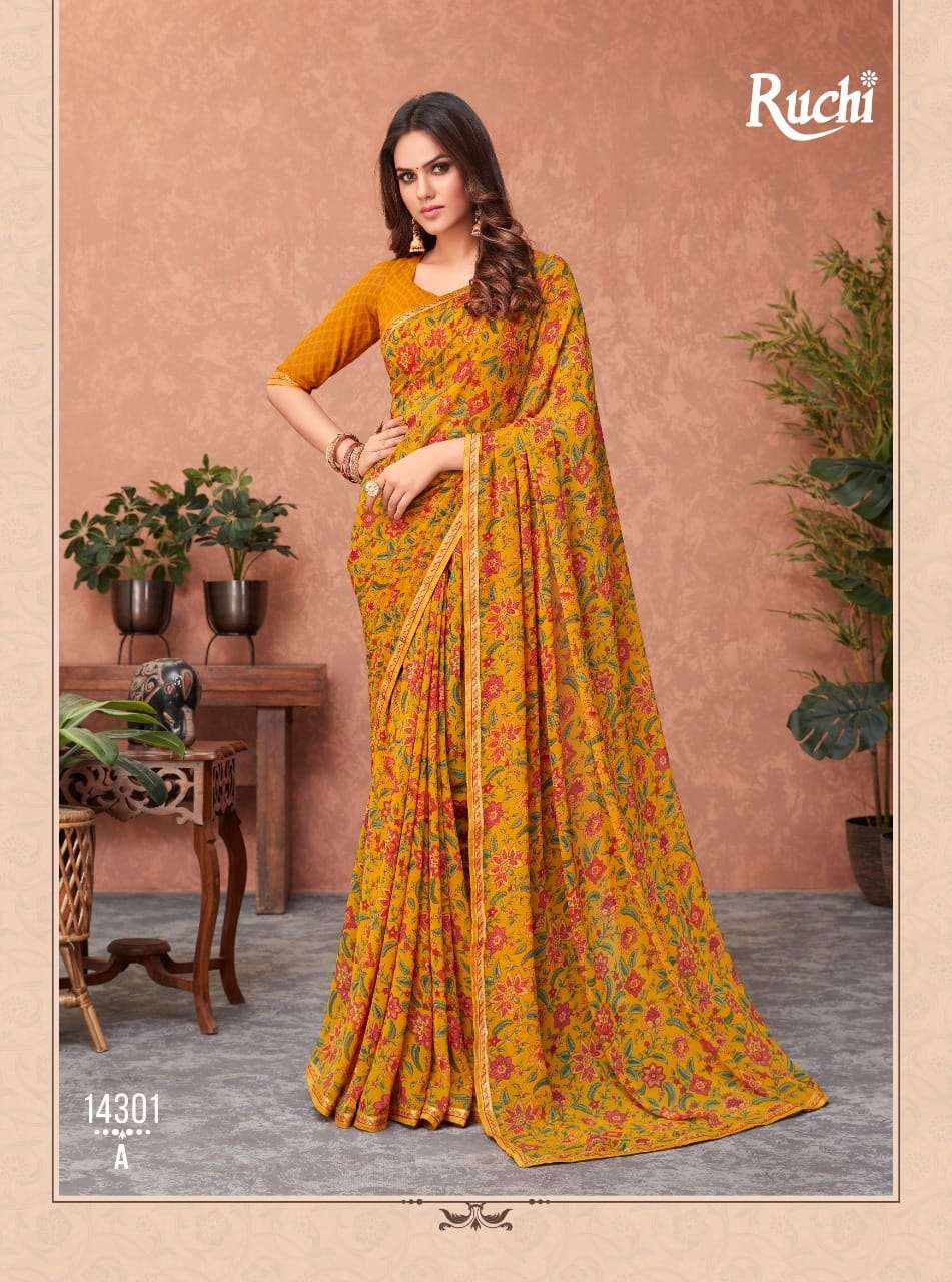 AKSHARA BY RUCHI SAREES 14301-A TO 14306-B SERIES INDIAN TRADITIONAL WEAR COLLECTION BEAUTIFUL STYLISH FANCY COLORFUL PARTY WEAR & OCCASIONAL WEAR GEORGETTE SAREES AT WHOLESALE PRICE