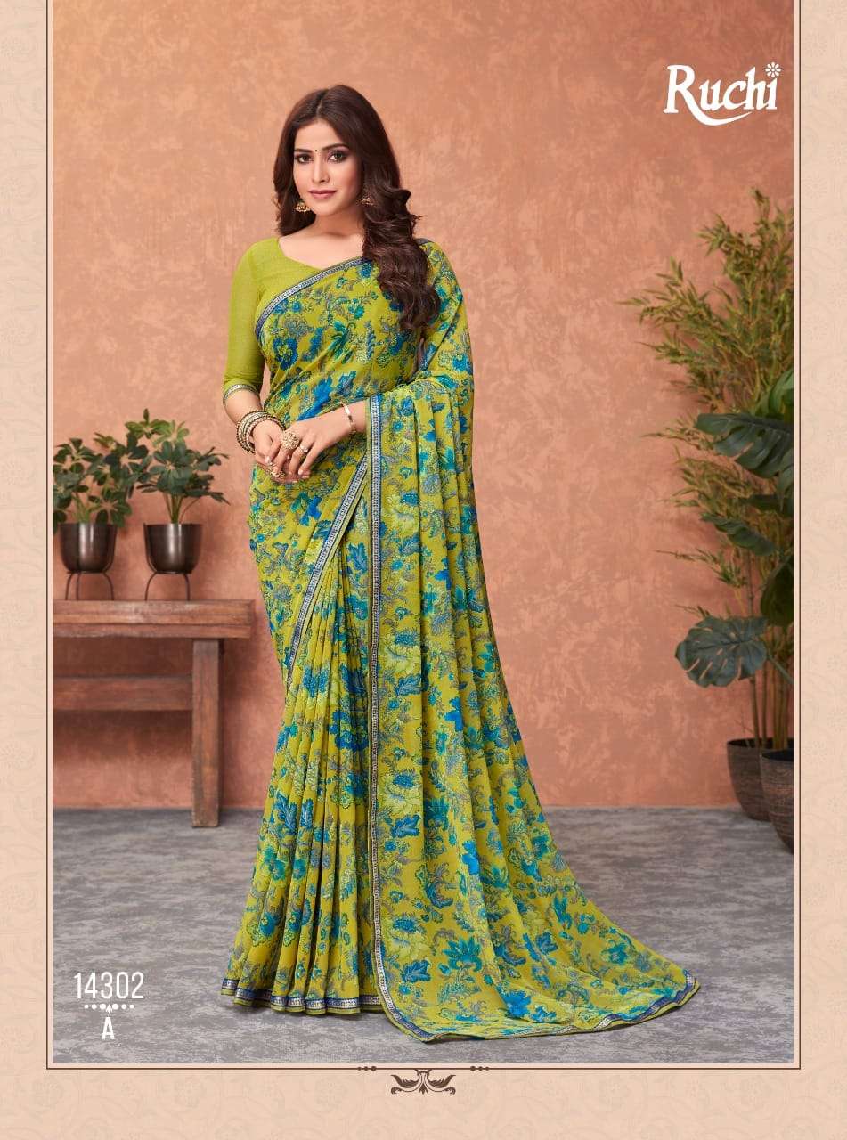 AKSHARA BY RUCHI SAREES 14301-A TO 14306-B SERIES INDIAN TRADITIONAL WEAR COLLECTION BEAUTIFUL STYLISH FANCY COLORFUL PARTY WEAR & OCCASIONAL WEAR GEORGETTE SAREES AT WHOLESALE PRICE