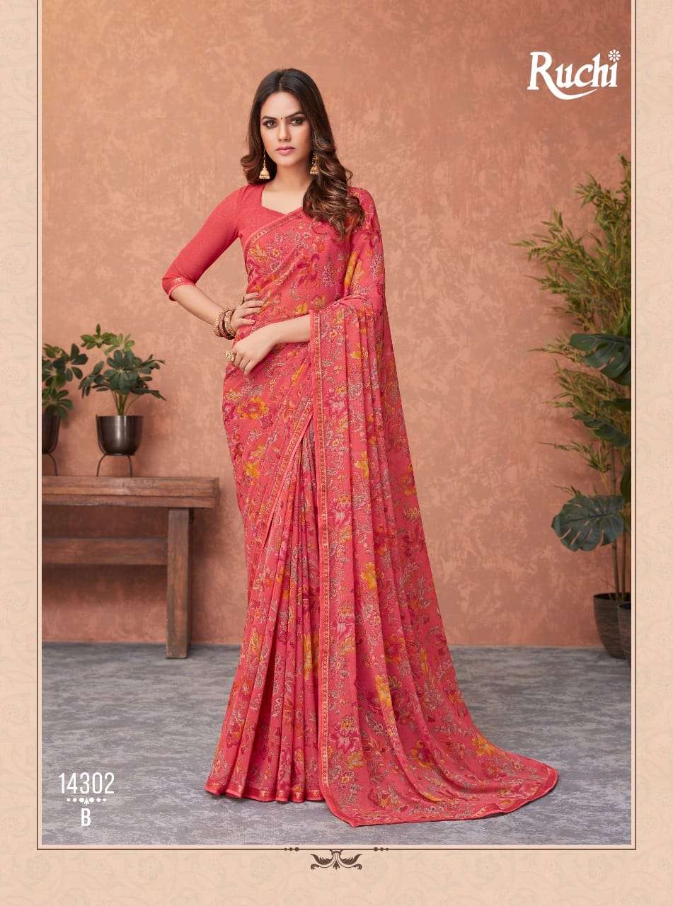 AKSHARA BY RUCHI SAREES 14301-A TO 14306-B SERIES INDIAN TRADITIONAL WEAR COLLECTION BEAUTIFUL STYLISH FANCY COLORFUL PARTY WEAR & OCCASIONAL WEAR GEORGETTE SAREES AT WHOLESALE PRICE