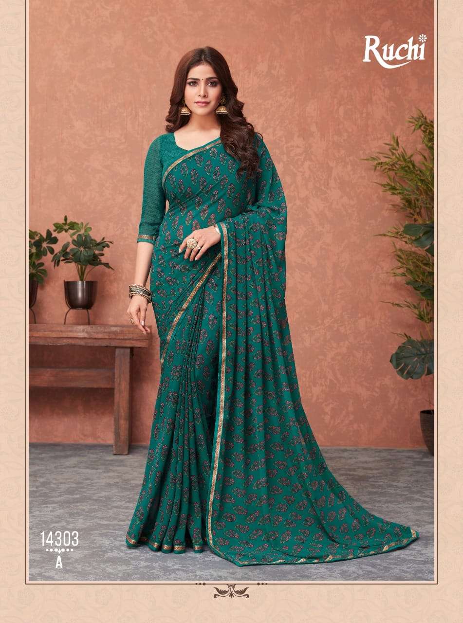 AKSHARA BY RUCHI SAREES 14301-A TO 14306-B SERIES INDIAN TRADITIONAL WEAR COLLECTION BEAUTIFUL STYLISH FANCY COLORFUL PARTY WEAR & OCCASIONAL WEAR GEORGETTE SAREES AT WHOLESALE PRICE