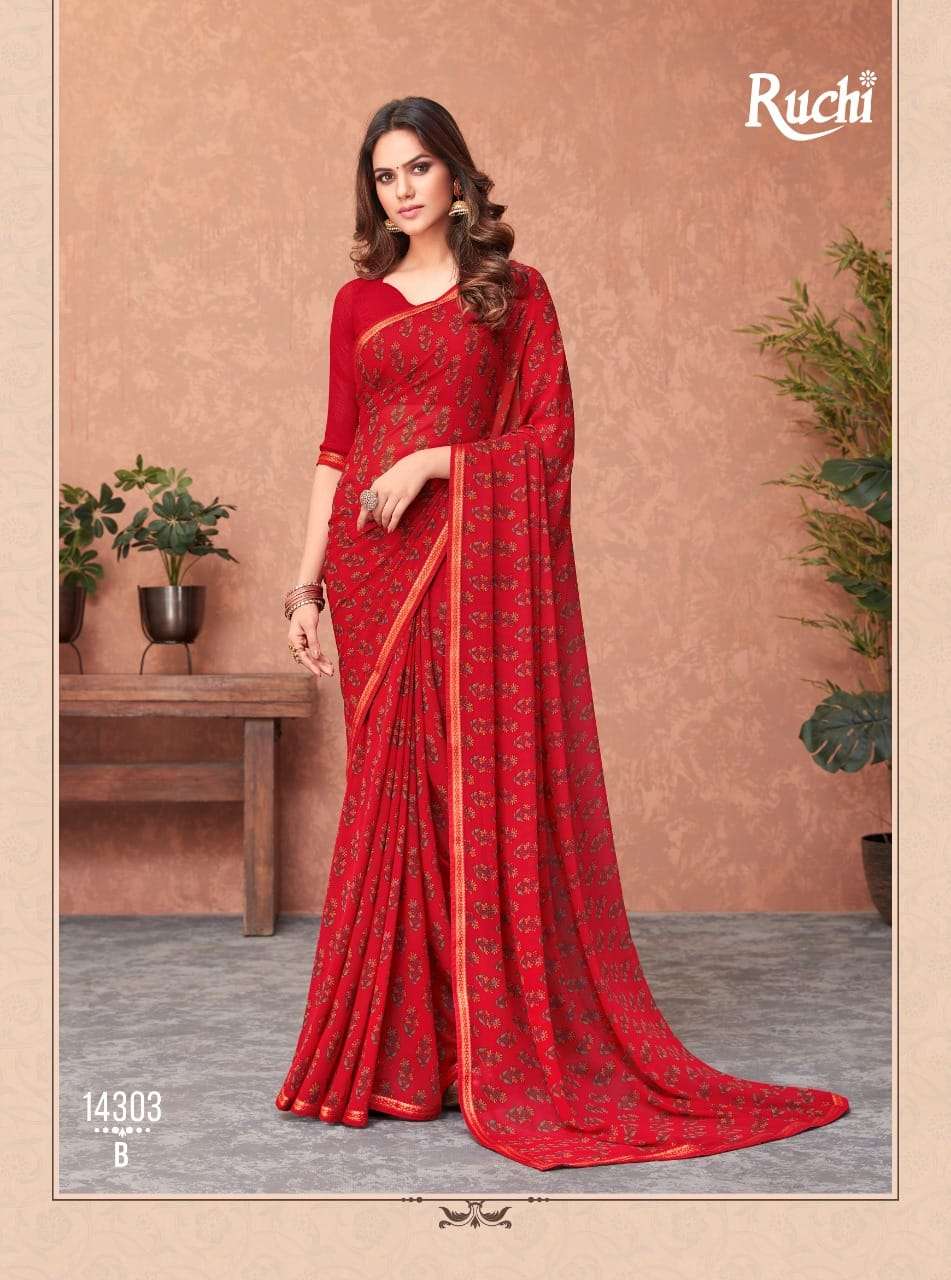 AKSHARA BY RUCHI SAREES 14301-A TO 14306-B SERIES INDIAN TRADITIONAL WEAR COLLECTION BEAUTIFUL STYLISH FANCY COLORFUL PARTY WEAR & OCCASIONAL WEAR GEORGETTE SAREES AT WHOLESALE PRICE