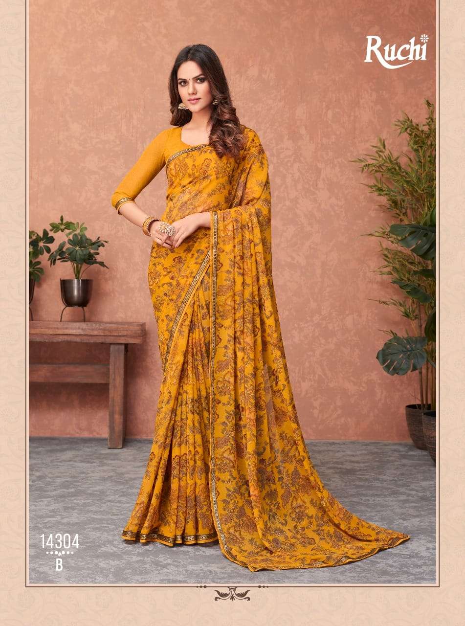 AKSHARA BY RUCHI SAREES 14301-A TO 14306-B SERIES INDIAN TRADITIONAL WEAR COLLECTION BEAUTIFUL STYLISH FANCY COLORFUL PARTY WEAR & OCCASIONAL WEAR GEORGETTE SAREES AT WHOLESALE PRICE