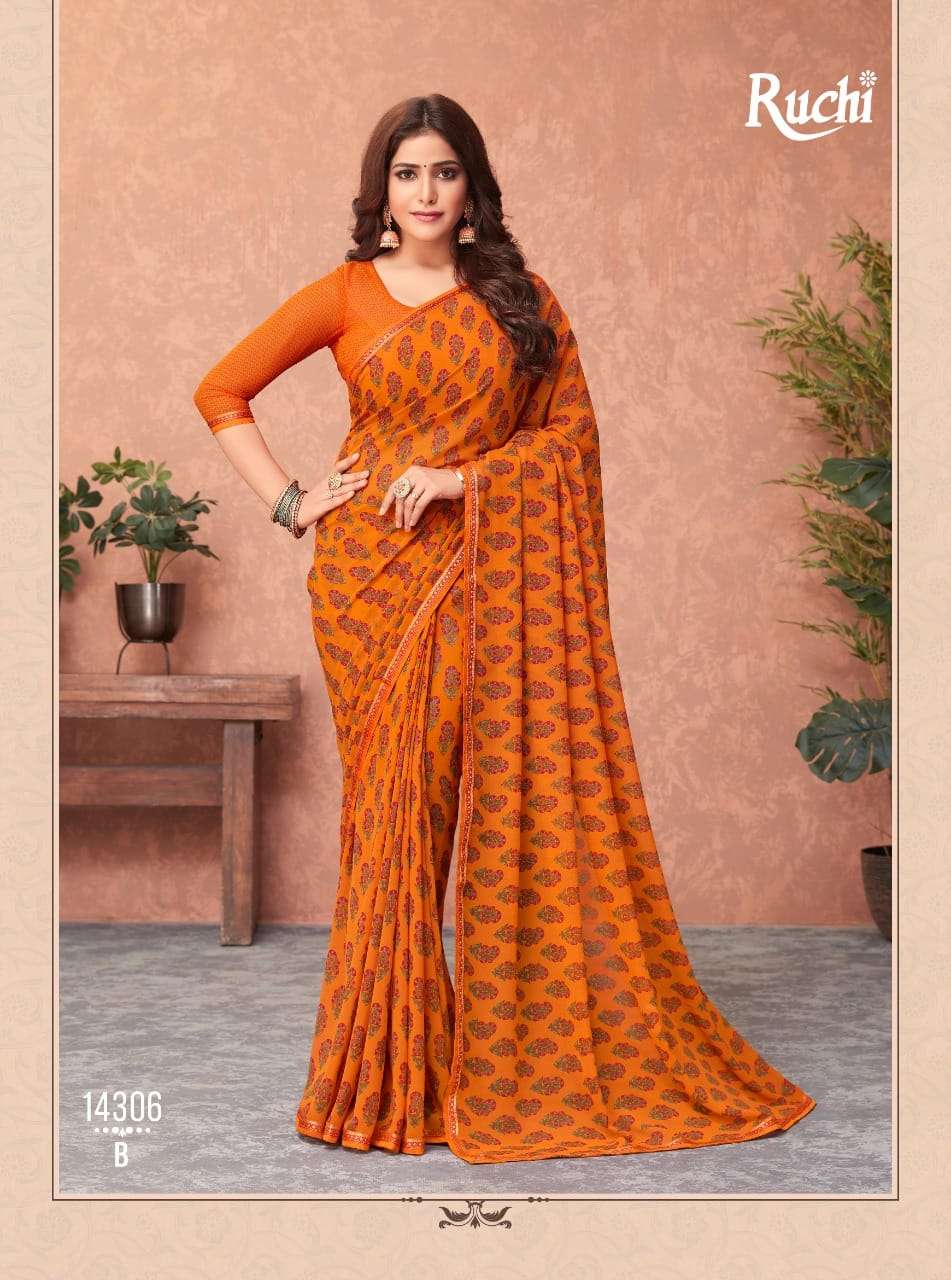 AKSHARA BY RUCHI SAREES 14301-A TO 14306-B SERIES INDIAN TRADITIONAL WEAR COLLECTION BEAUTIFUL STYLISH FANCY COLORFUL PARTY WEAR & OCCASIONAL WEAR GEORGETTE SAREES AT WHOLESALE PRICE