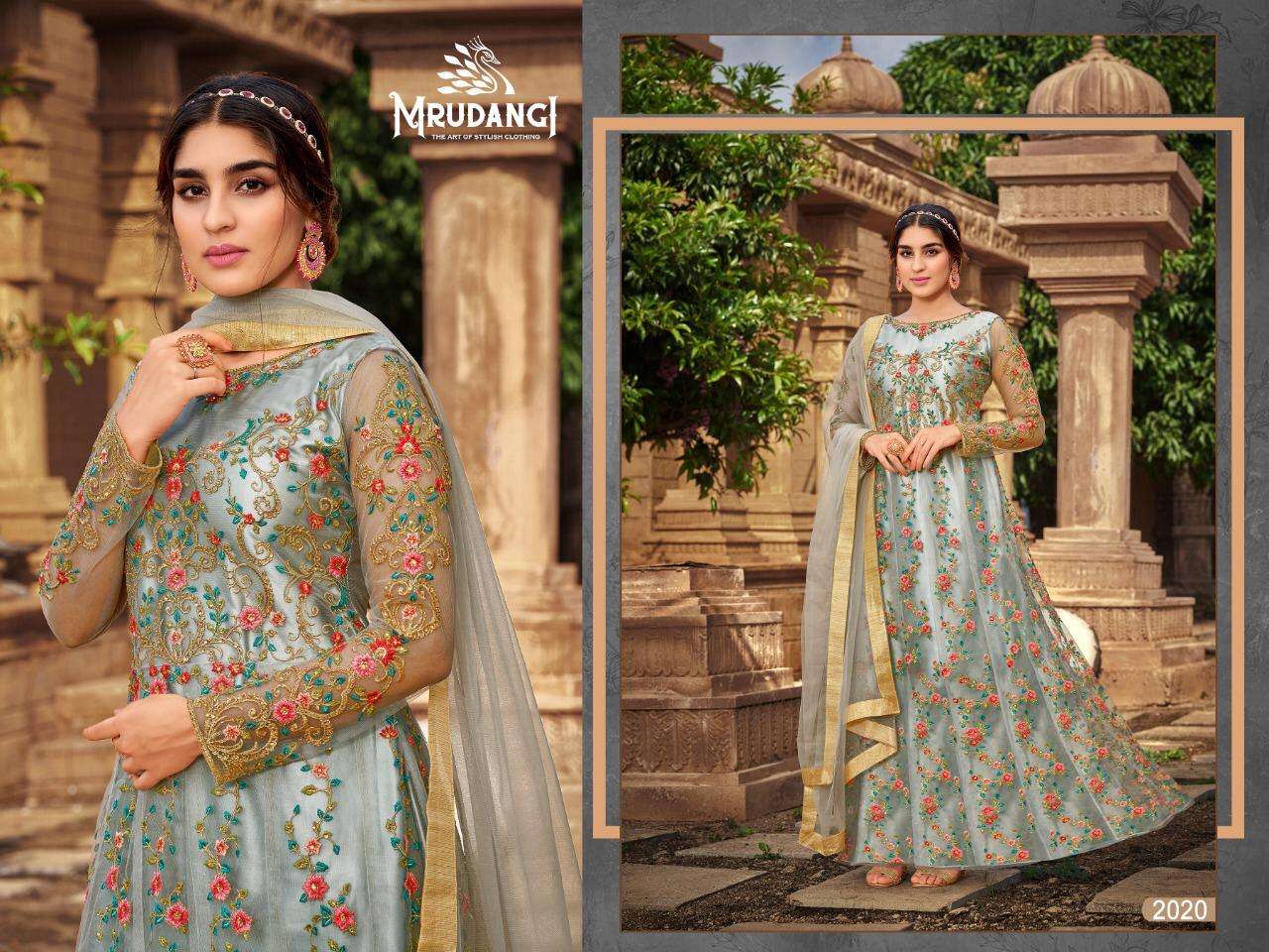 Sanjh By Mrudangi 2019 To 2024 Series Beautiful Stylish Anarkali Suits Fancy Colorful Casual Wear & Ethnic Wear & Ready To Wear Heavy Butterfly Net Embroidered Dresses At Wholesale Price