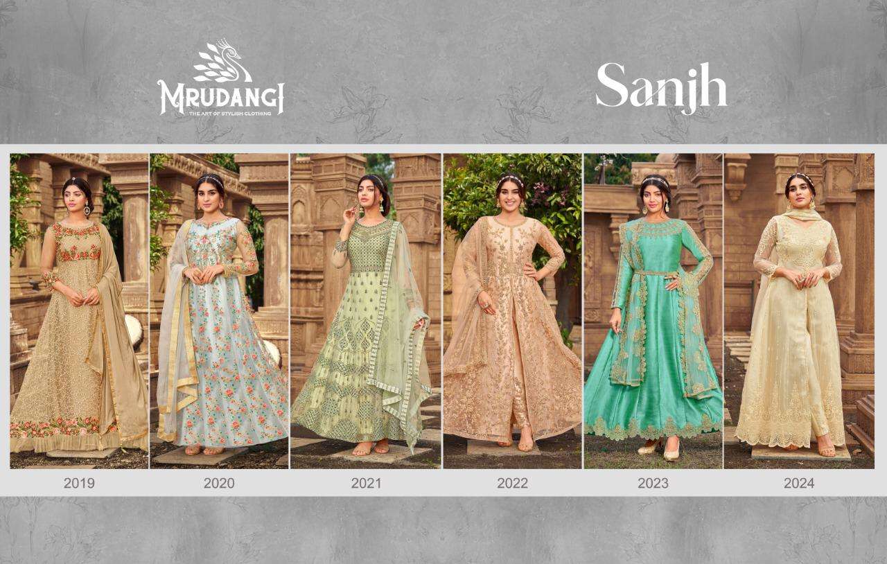 Sanjh By Mrudangi 2019 To 2024 Series Beautiful Stylish Anarkali Suits Fancy Colorful Casual Wear & Ethnic Wear & Ready To Wear Heavy Butterfly Net Embroidered Dresses At Wholesale Price