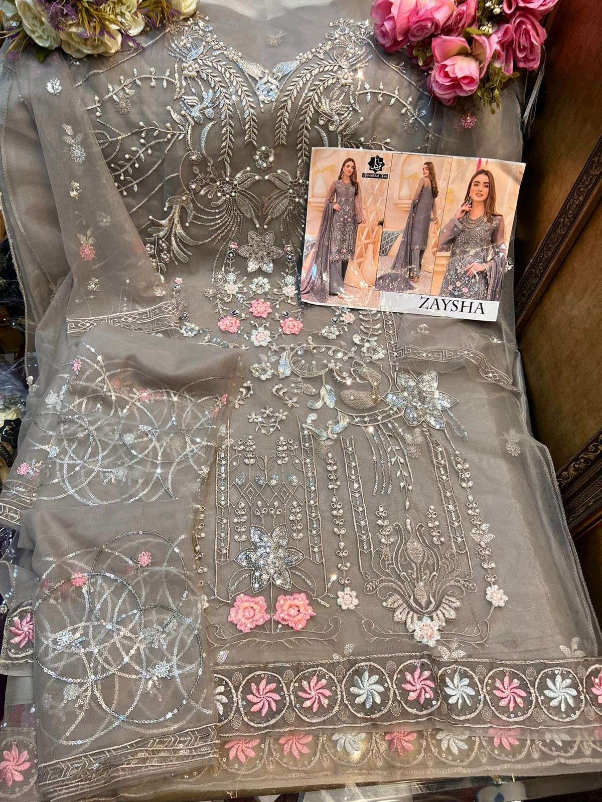 ZAYSHA BY TAWAKKAL FAB DESIGNER PAKISTANI SUITS BEAUTIFUL FANCY COLORFUL STYLISH PARTY WEAR & OCCASIONAL WEAR HEAVY BUTTERFLY NET EMBROIDERED DRESSES AT WHOLESALE PRICE