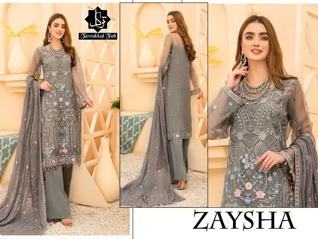 ZAYSHA BY TAWAKKAL FAB DESIGNER PAKISTANI SUITS BEAUTIFUL FANCY COLORFUL STYLISH PARTY WEAR & OCCASIONAL WEAR HEAVY BUTTERFLY NET EMBROIDERED DRESSES AT WHOLESALE PRICE