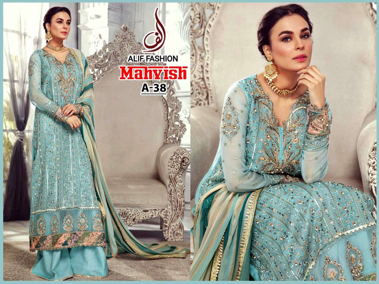MAHVISH BY ALIF FASHION BEAUTIFUL PAKISTANI SUITS COLORFUL STYLISH FANCY CASUAL WEAR & ETHNIC WEAR BUTTERFLY NET EMBROIDERED DRESSES AT WHOLESALE PRICE