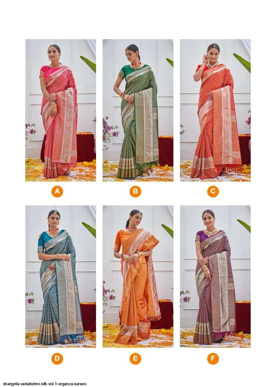 VARLAKSHMI SILK BY SHANGRILA A TO F SERIES INDIAN TRADITIONAL WEAR COLLECTION BEAUTIFUL STYLISH FANCY COLORFUL PARTY WEAR & OCCASIONAL WEAR SOFT ORGANZA SAREES AT WHOLESALE PRICE