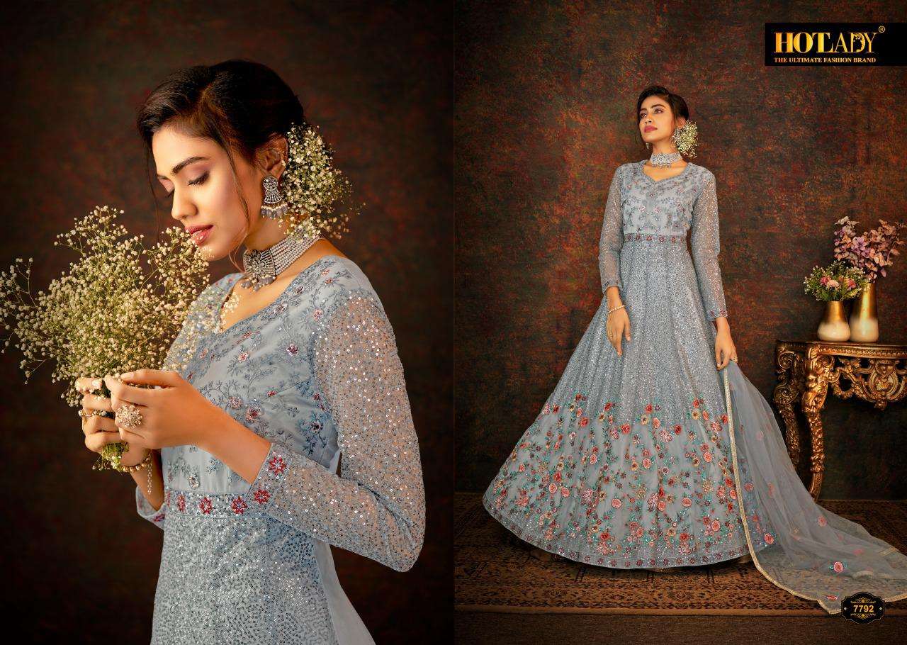 Safeena-22 By Hot Lady 7791 To 7796 Series Designer Anarklali Suits Collection Beautiful Stylish Fancy Colorful Party Wear & Occasional Wear Butterfly Net Embroidered Dresses At Wholesale Price