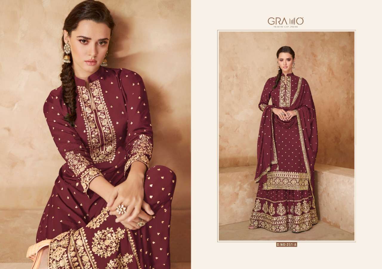 Rang Special Vol-1 By Gramo 251-A To 251-F Series Beautiful Stylish Sharara Suits Fancy Colorful Casual Wear & Ethnic Wear & Ready To Wear Heavy Faux Georgette Dresses At Wholesale Price