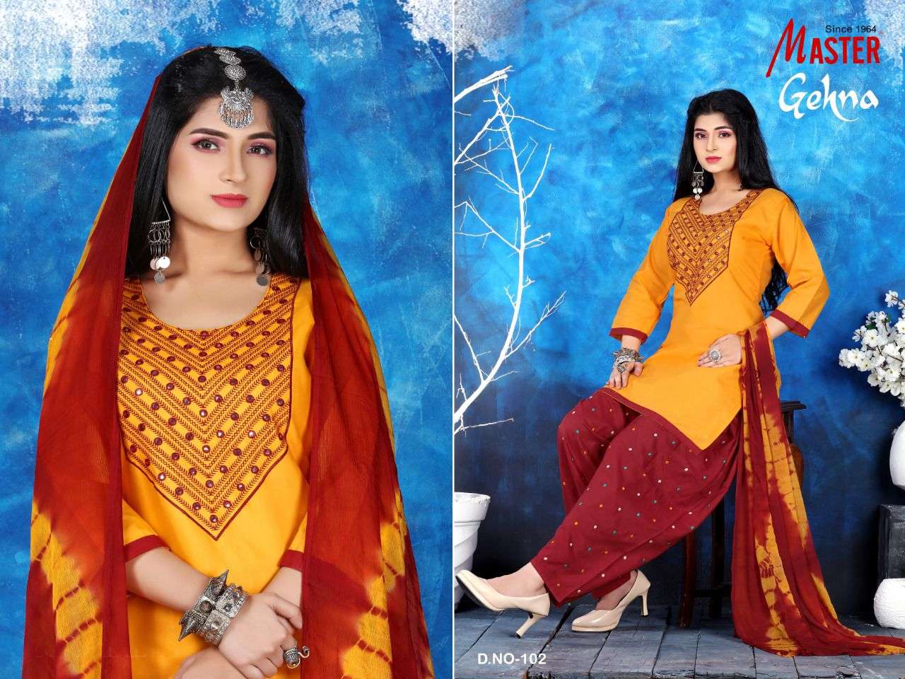 GEHNA BY MASTER 101 TO 108 SERIES BEAUTIFUL PATIYALA SUITS COLORFUL STYLISH FANCY CASUAL WEAR & ETHNIC WEAR COTTON WITH WORK DRESSES AT WHOLESALE PRICE