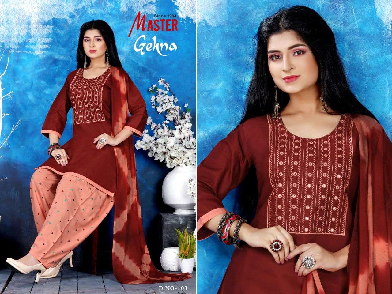 GEHNA BY MASTER 101 TO 108 SERIES BEAUTIFUL PATIYALA SUITS COLORFUL STYLISH FANCY CASUAL WEAR & ETHNIC WEAR COTTON WITH WORK DRESSES AT WHOLESALE PRICE
