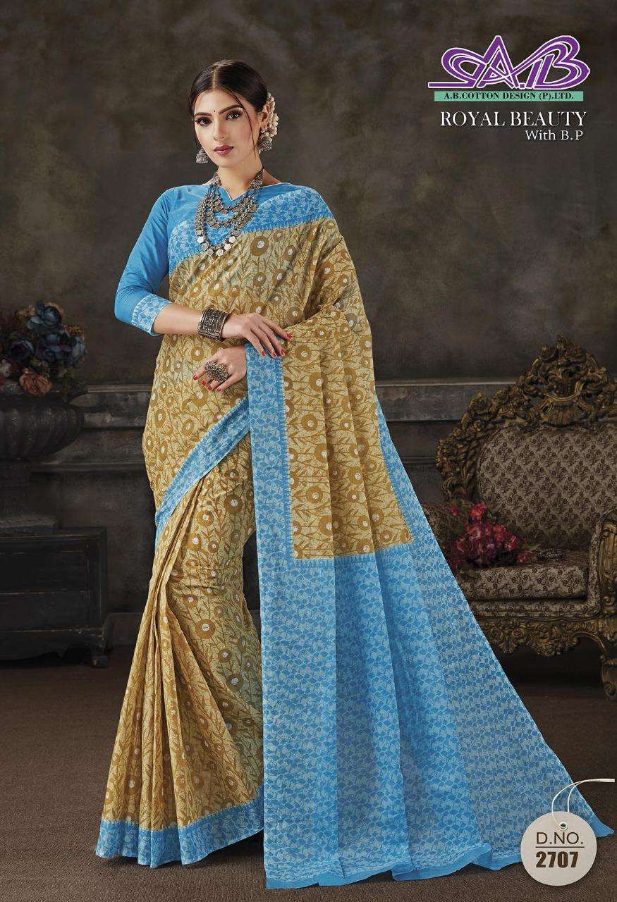 ROYAL BEAUTY BY A B FASHION 2700 TO 2714 SERIES INDIAN TRADITIONAL WEAR COLLECTION BEAUTIFUL STYLISH FANCY COLORFUL PARTY WEAR & OCCASIONAL WEAR MAL MAL COTTON SAREES AT WHOLESALE PRICE