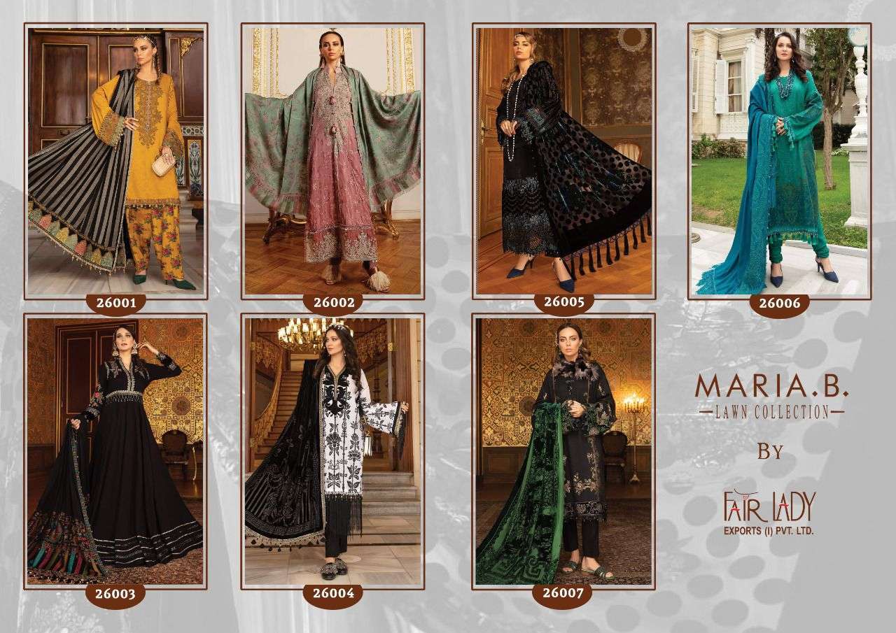 MARIA.B. LAWN COLLECTION BY FAIR LADY 26001 TO 26007 SERIES PAKISTANI SUITS BEAUTIFUL FANCY COLORFUL STYLISH PARTY WEAR & OCCASIONAL WEAR LAWN COTTON DRESSES AT WHOLESALE PRICE
