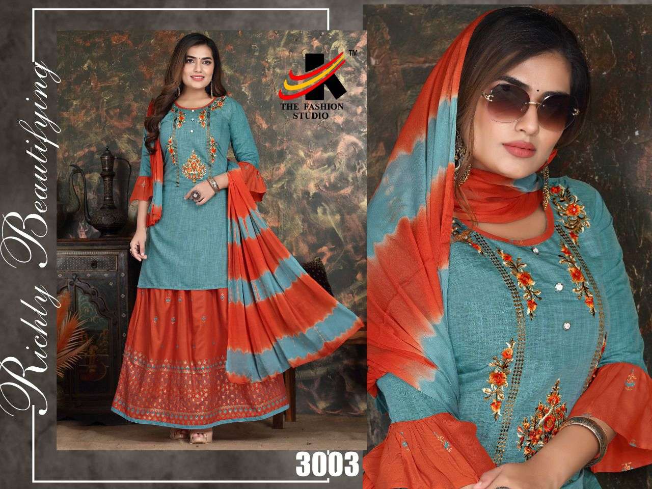 NAFISHA VOL-4 BY THE FASHION STUDIO 3001 TO 3008 SERIES BEAUTIFUL STYLISH SHARARA SUITS FANCY COLORFUL CASUAL WEAR & ETHNIC WEAR & READY TO WEAR HEAVY RAYON EMBROIDERED DRESSES AT WHOLESALE PRICE