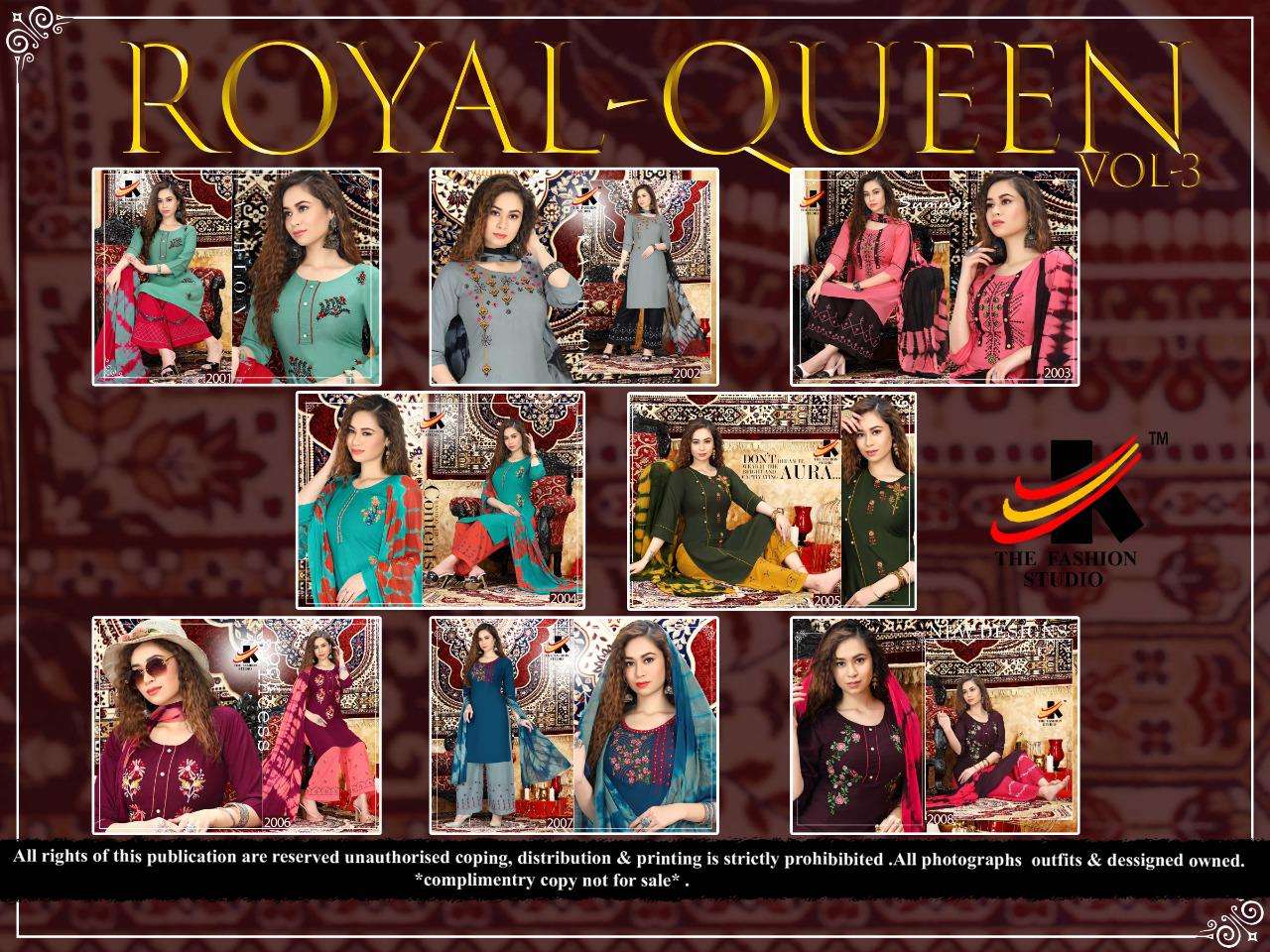 ROYAL QUEEN VOL-3 BY THE FASHION STUDIO 2001 TO 2008 SERIES BEAUTIFUL SUITS COLORFUL STYLISH FANCY CASUAL WEAR & ETHNIC WEAR HEAVY RAYON EMBROIDERED DRESSES AT WHOLESALE PRICE