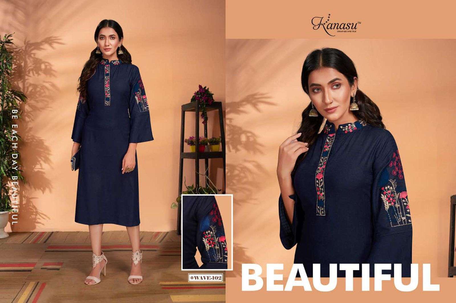 WAVE BY KANASU 101 TO 108 SERIES DESIGNER STYLISH FANCY COLORFUL BEAUTIFUL PARTY WEAR & ETHNIC WEAR COLLECTION RAYON WITH WORK KURTIS AT WHOLESALE PRICE
