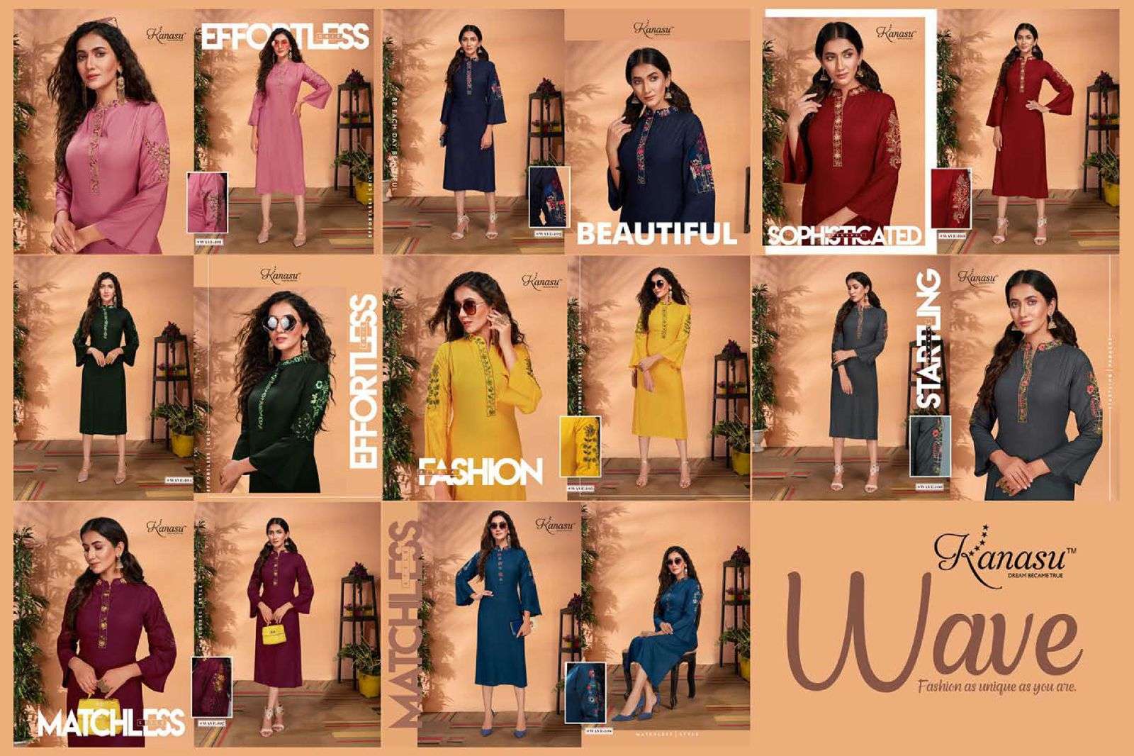 WAVE BY KANASU 101 TO 108 SERIES DESIGNER STYLISH FANCY COLORFUL BEAUTIFUL PARTY WEAR & ETHNIC WEAR COLLECTION RAYON WITH WORK KURTIS AT WHOLESALE PRICE