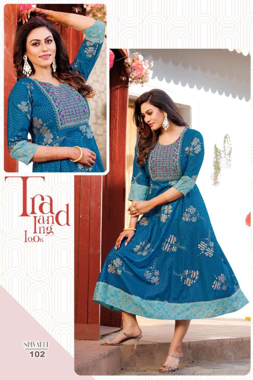 SRIVALLI BY AKHAND JYOT 101 TO 108 SERIES DESIGNER STYLISH FANCY COLORFUL BEAUTIFUL PARTY WEAR & ETHNIC WEAR COLLECTION RAYON GOLD PRINT KURTIS AT WHOLESALE PRICE