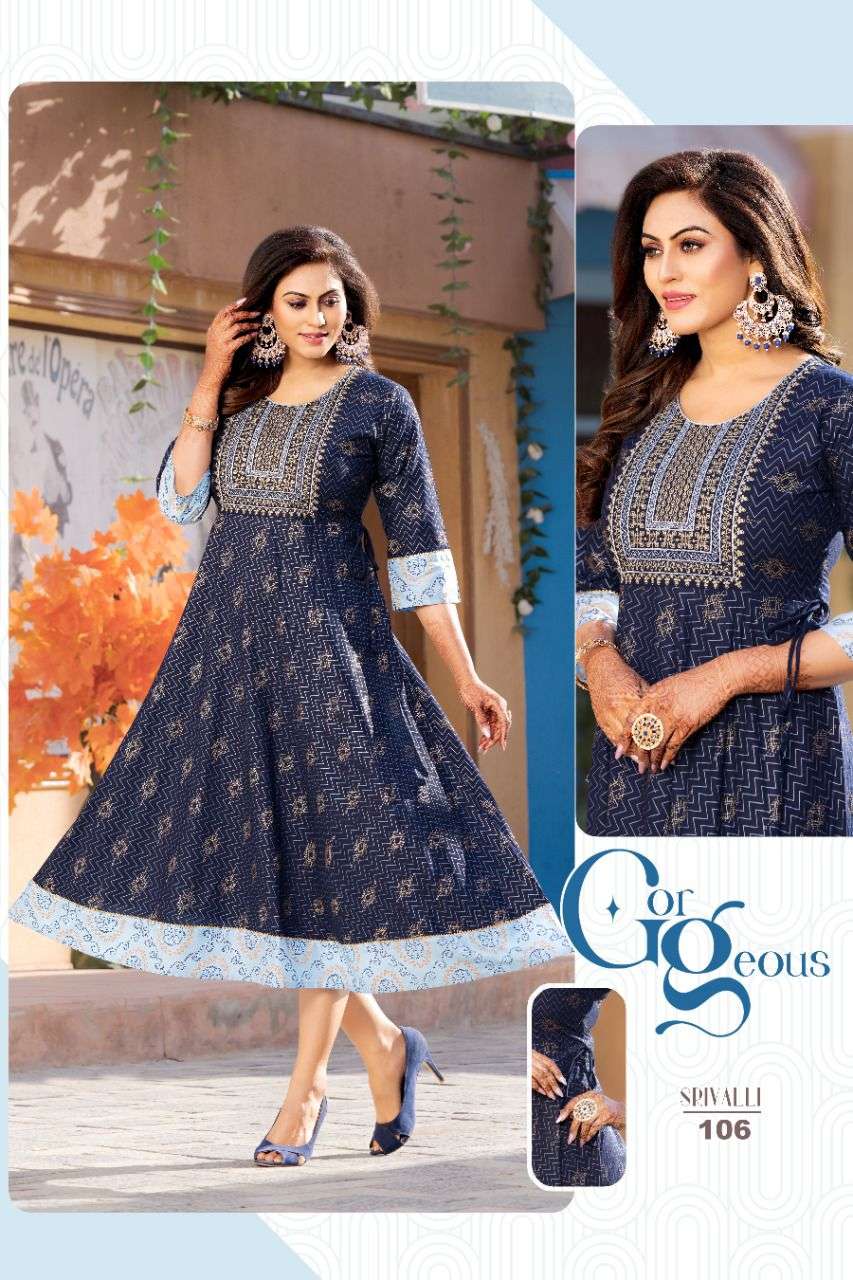 SRIVALLI BY AKHAND JYOT 101 TO 108 SERIES DESIGNER STYLISH FANCY COLORFUL BEAUTIFUL PARTY WEAR & ETHNIC WEAR COLLECTION RAYON GOLD PRINT KURTIS AT WHOLESALE PRICE
