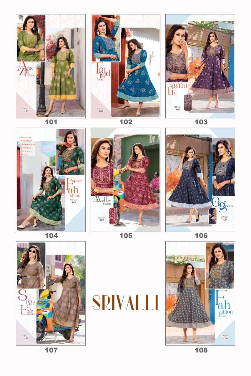 SRIVALLI BY AKHAND JYOT 101 TO 108 SERIES DESIGNER STYLISH FANCY COLORFUL BEAUTIFUL PARTY WEAR & ETHNIC WEAR COLLECTION RAYON GOLD PRINT KURTIS AT WHOLESALE PRICE