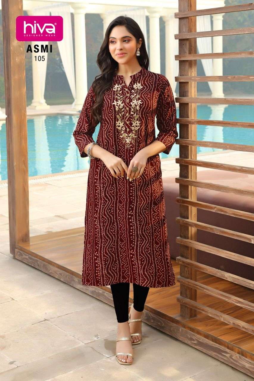 ASMI BY HIVA 101 TO 106 SERIES DESIGNER STYLISH FANCY COLORFUL BEAUTIFUL PARTY WEAR & ETHNIC WEAR COLLECTION RAYON PRINT KURTIS AT WHOLESALE PRICE