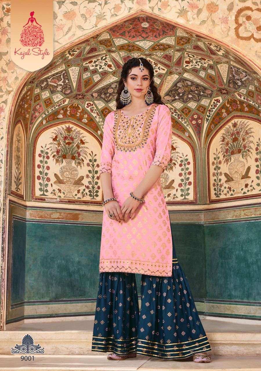 FASHION LABEL VOL-9 BY KAJAL STYLE 9001 TO 9006 SERIES BEAUTIFUL COLORFUL STYLISH FANCY PARTY WEAR & ETHNIC WEAR & READY TO WEAR HEAVY RAYON EMBROIDERED KURTIS WITH BOTTOM AT WHOLESALE PRICE