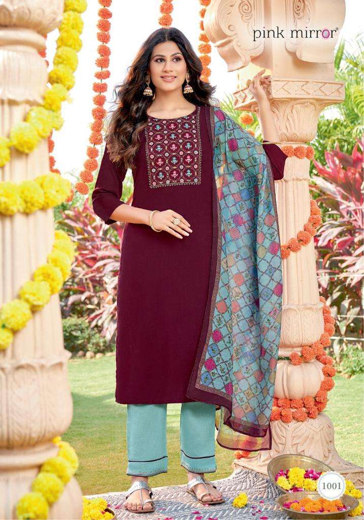 MIRROR BY PINK MIRROR 1001 TO 1006 SERIES BEAUTIFUL SUITS COLORFUL STYLISH FANCY CASUAL WEAR & ETHNIC WEAR VISCOSE EMBROIDERED DRESSES AT WHOLESALE PRICE