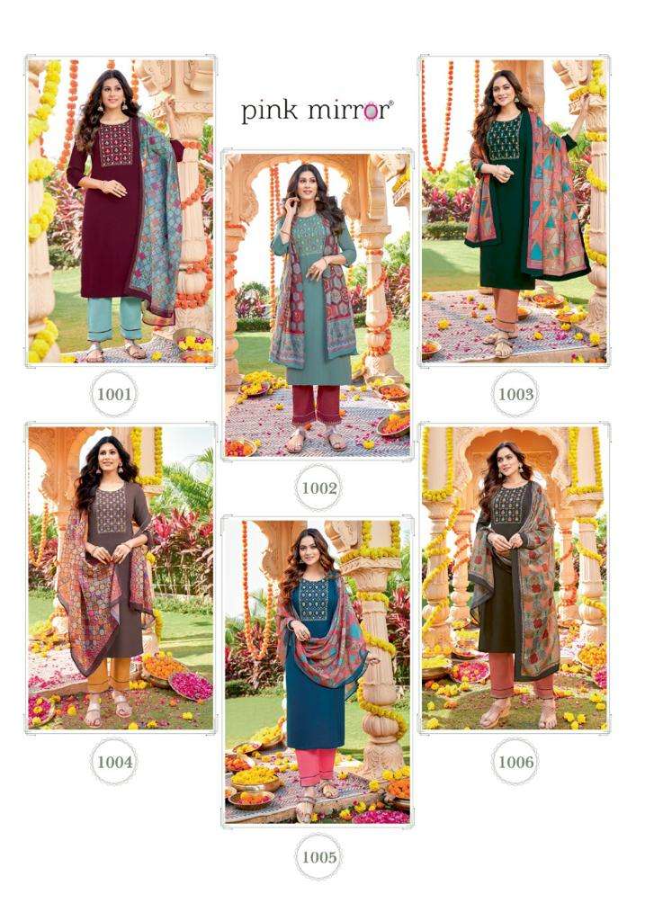 MIRROR BY PINK MIRROR 1001 TO 1006 SERIES BEAUTIFUL SUITS COLORFUL STYLISH FANCY CASUAL WEAR & ETHNIC WEAR VISCOSE EMBROIDERED DRESSES AT WHOLESALE PRICE