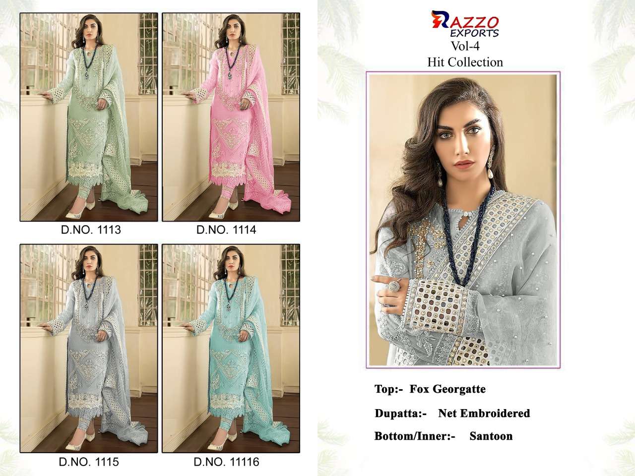 RAZZO VOL-4 HIT COLLECTION BY RAZZO EXPORTS 1113 TO 1116 SERIES DESIGNER BEAUTIFUL STYLISH PAKISATNI SUITS FANCY COLORFUL CASUAL WEAR & ETHNIC WEAR & READY TO WEAR FAUX GEORGETTE EMBROIDERY DRESSES AT WHOLESALE PRICE