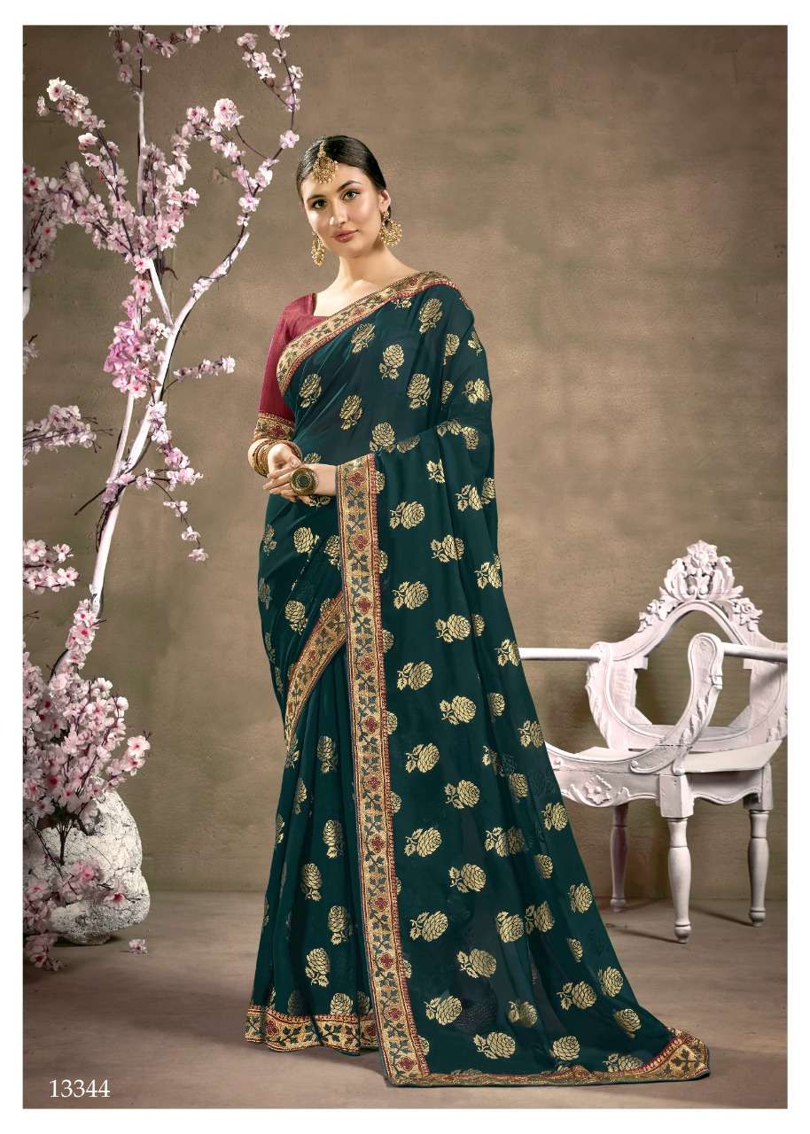 KESHVI BY VALLABHI PRINTS 13341 TO 13348 SERIES INDIAN TRADITIONAL WEAR COLLECTION BEAUTIFUL STYLISH FANCY COLORFUL PARTY WEAR & OCCASIONAL WEAR GEORGETTE FOIL PRINT SAREES AT WHOLESALE PRICE