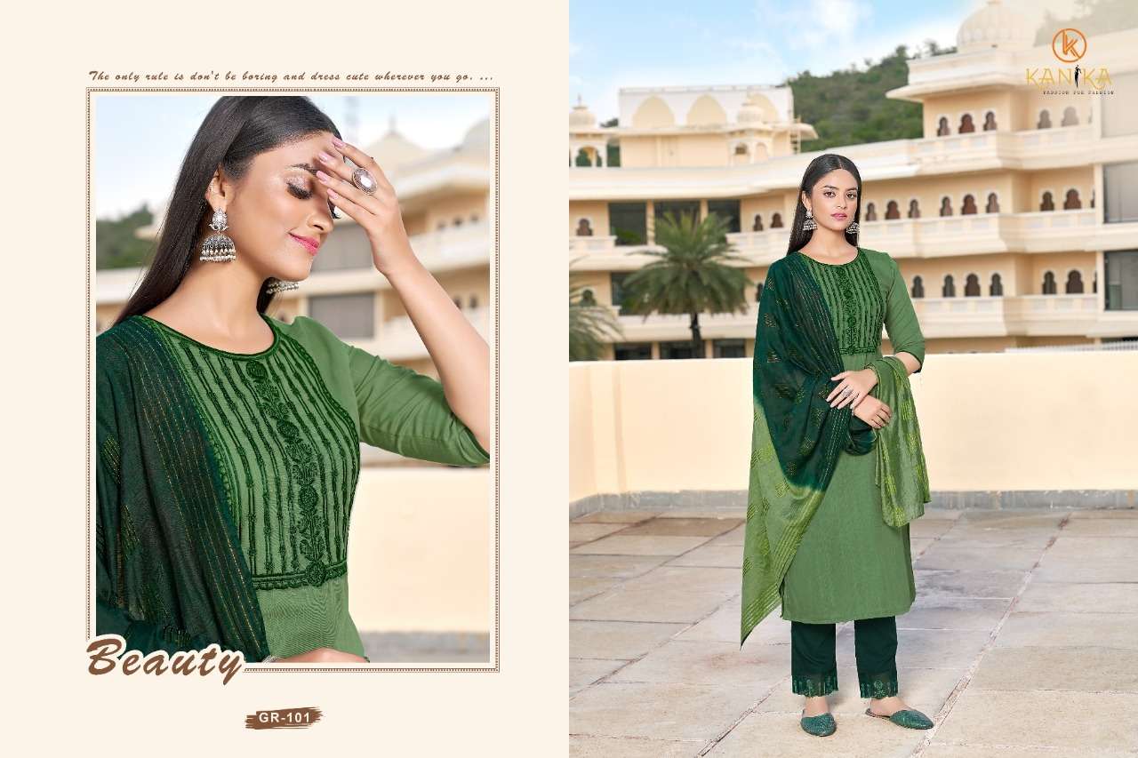GRACE BY KANIKA 101 TO 106 SERIES BEAUTIFUL SUITS COLORFUL STYLISH FANCY CASUAL WEAR & ETHNIC WEAR SLUB NYLON VISCOSE EMBROIDERED DRESSES AT WHOLESALE PRICE