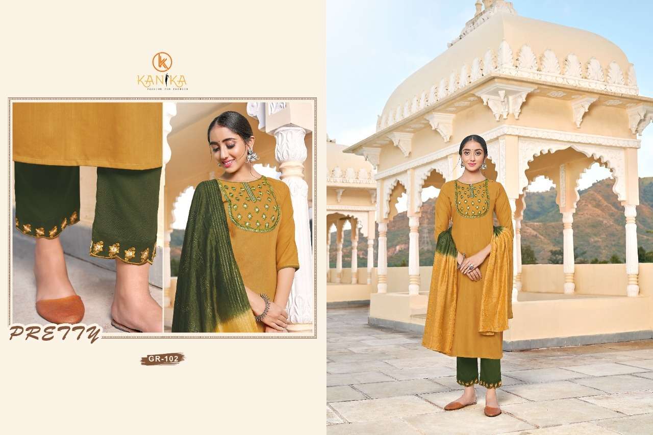 GRACE BY KANIKA 101 TO 106 SERIES BEAUTIFUL SUITS COLORFUL STYLISH FANCY CASUAL WEAR & ETHNIC WEAR SLUB NYLON VISCOSE EMBROIDERED DRESSES AT WHOLESALE PRICE