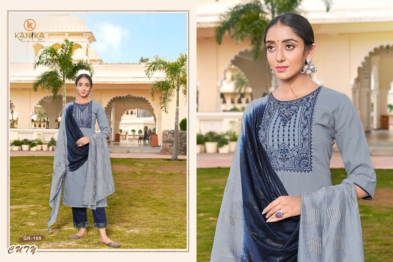 GRACE BY KANIKA 101 TO 106 SERIES BEAUTIFUL SUITS COLORFUL STYLISH FANCY CASUAL WEAR & ETHNIC WEAR SLUB NYLON VISCOSE EMBROIDERED DRESSES AT WHOLESALE PRICE