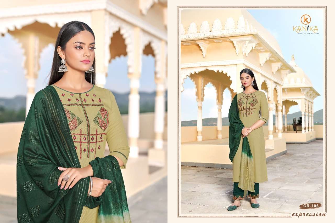 GRACE BY KANIKA 101 TO 106 SERIES BEAUTIFUL SUITS COLORFUL STYLISH FANCY CASUAL WEAR & ETHNIC WEAR SLUB NYLON VISCOSE EMBROIDERED DRESSES AT WHOLESALE PRICE
