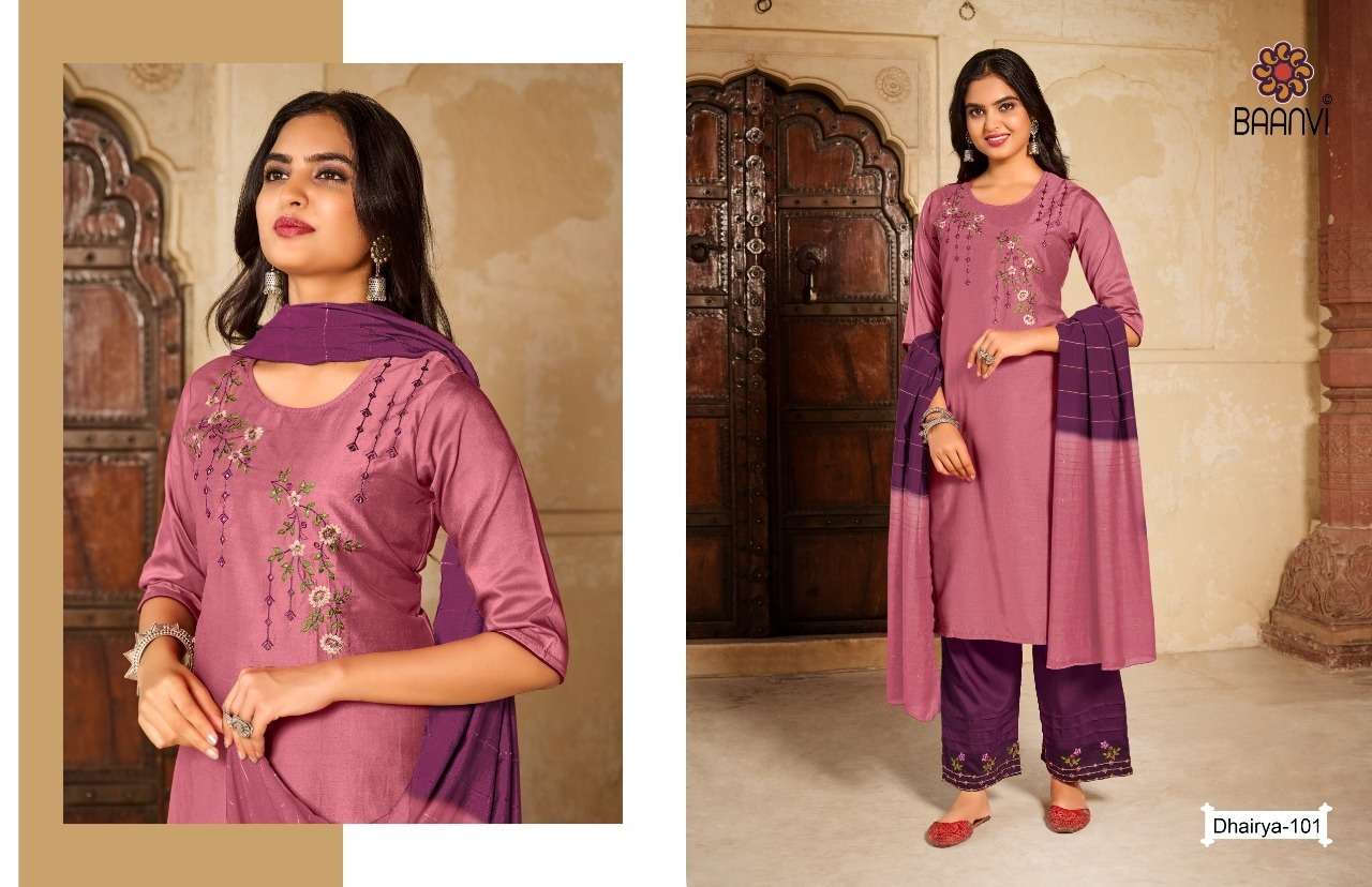 DHAIRYA BY BAANVI 101 TO 104 SERIES BEAUTIFUL SUITS COLORFUL STYLISH FANCY CASUAL WEAR & ETHNIC WEAR CHINNON SILK WITH WORK DRESSES AT WHOLESALE PRICE